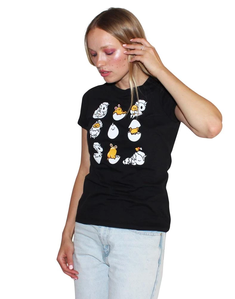 Tokidoki X Gudetama - Scrambled Gudetama Women's Tee, Black Womens 1 Tokidoki X Gudetama - Scrambled Gudetama Women's Tee, Black Womens