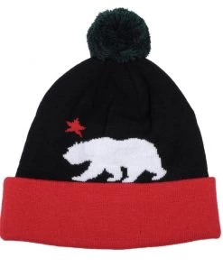 TRUE - Cali Bear Pom Beanie Hat, Black Mens