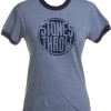 Stones Throw - Women's Distressed Crew RINGER Shirt, Heather Blue/Navy Womens